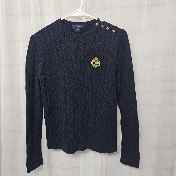 Chaps Crewneck Sweater Crest Navy Cable Knit Preppy Regency Money Cotton M - Picture 5 of 8